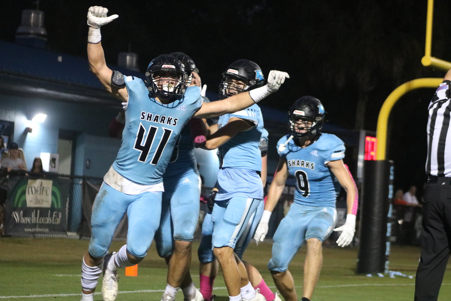 Layne Swafford (No. 41) of Ponte Vedra celebrates a safety against Bartram Trail. The Sharks will face Fletcher on senior night at 7 p.m. Friday, Oct. 29.